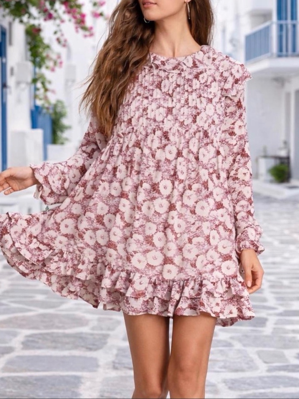 Free People These Dreams Red Floral Long Sleeve Ruffled Boho Mini Dress